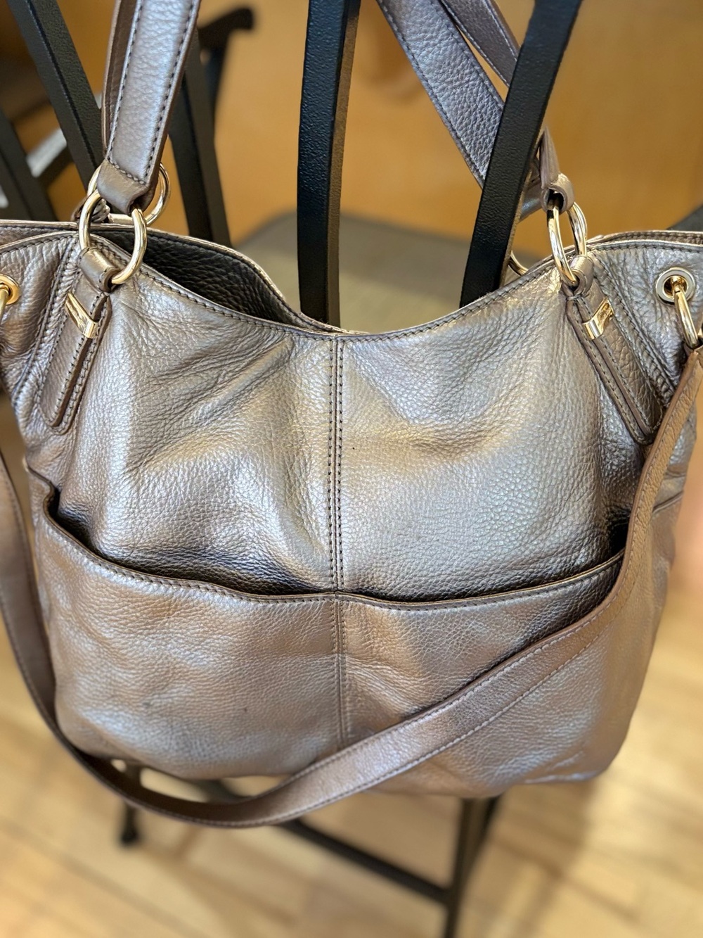 Authentic Michael Kors Layton Metallic Gold Pebbled Leather Shoulder Bag w/ Dust - Picture 3 of 13